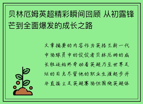 贝林厄姆英超精彩瞬间回顾 从初露锋芒到全面爆发的成长之路 贝林厄姆英超精彩瞬间回顾 从初露锋芒到全面爆发的成长之路